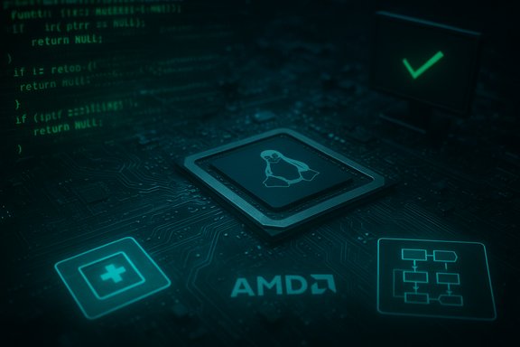 An AMD motherboard shows a Linux penguin on the processor amid a code-filled glow. An AMD motherboard shows a Linux penguin on the processor amid a code-filled glow.