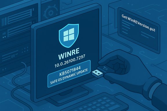 A hand plugs a USB drive into a PC, displaying WinRE version and update details.