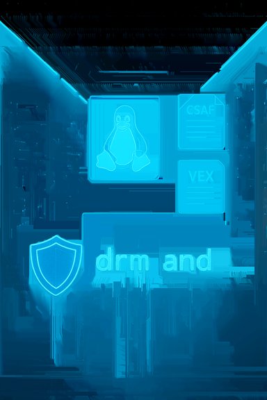 Blue neon holographic interface showing Linux Tux, CSAF and VEX documents, and a shield with 'drm and'.