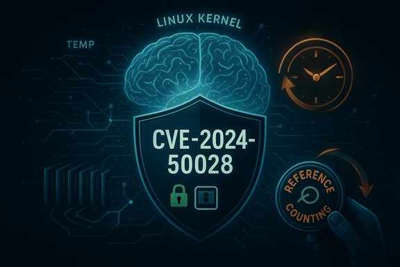 Illustration of Linux kernel vulnerability CVE-2024-50028, shown as a brain behind a shield with security icons.