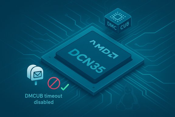 Futuristic AMD64 DCN35 chip on a circuit-board with DMC CUB module and timeout disabled.