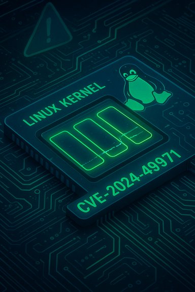 Glowing Linux kernel chip on a circuit board highlighting CVE-2024-49971.