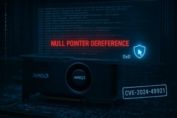 Red 'NULL POINTER DEREFERENCE' warning overlay on an AMD GPU card (CVE-2024-49921).