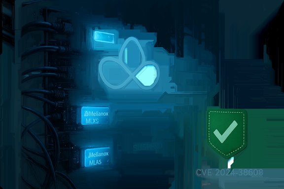 Blue-lit server rack with Mellanox modules and a green checkmark patch for CVE 2024-38608. Blue-lit server rack with Mellanox modules and a green checkmark patch for CVE 2024-38608.
