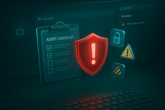 Cybersecurity illustration: audit checklist on a clipboard with a glowing red shield and warning icons.