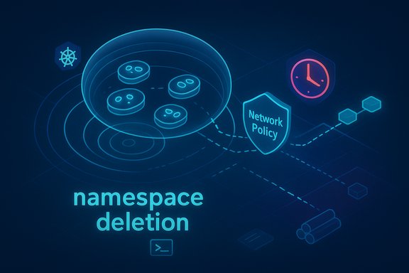 Neon blue Kubernetes diagram illustrating namespace deletion with pods and a network policy shield.