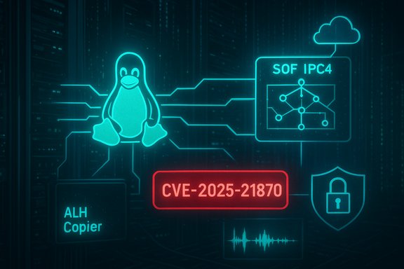 Neon cyber infographic showing Linux penguin linked to a CVE-2025-21870 vulnerability.
