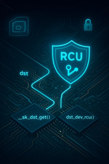 Neon circuit-board artwork featuring an RCU shield and two chips labeled __sk_dst_get and dst_dev_rcu.
