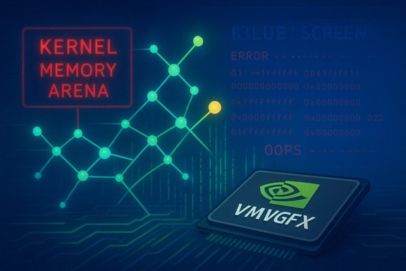 Neon tech scene with Kernel Memory Arena sign, glowing network graph, and a VMVGFX GPU card.