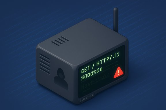 A BusyBox network box displays a GET / HTTP/1.1 request and a red warning triangle.