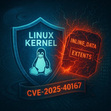 A Linux kernel shield highlighting CVE-2025-40167 and inline data extents.