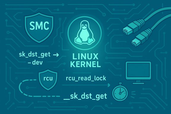 Linux kernel concept art showing the penguin logo, RCU annotations, and sk_dst_get on a circuitry backdrop.