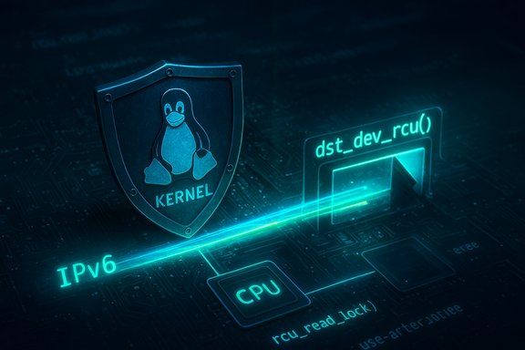 A blue Linux kernel shield guards a glowing IPv6 data path on a circuit board.