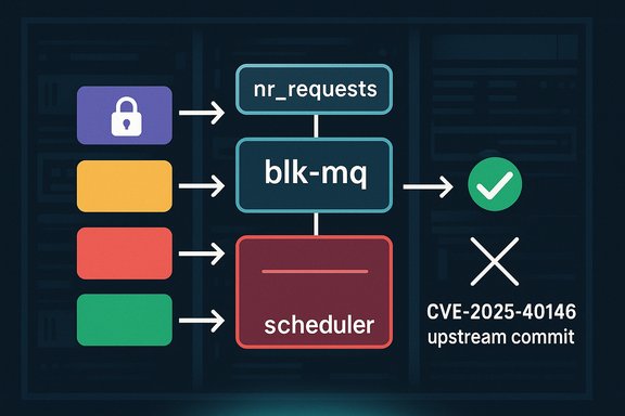 Diagram of blk-mq flow: nr_requests to scheduler, illustrating CVE-2025-40146 upstream fix.