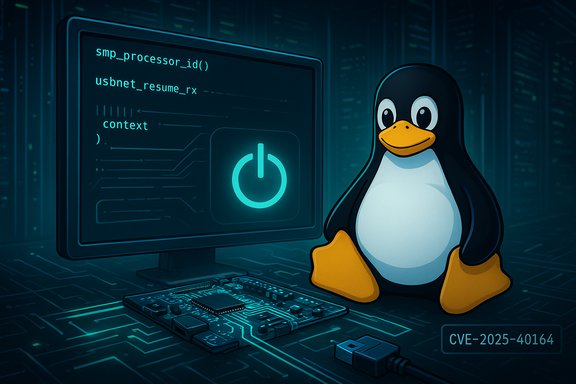 Linux penguin beside a glowing monitor displaying code and a power icon, CVE-2025-40164. Linux penguin beside a glowing monitor displaying code and a power icon, CVE-2025-40164.