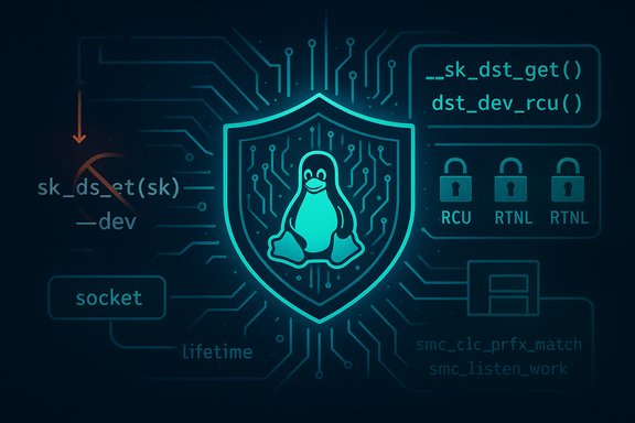 Linux security illustration: Tux the penguin on a shield amid circuit traces.