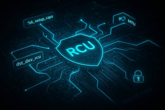 Blue neon circuit board with a central shield labeled “RCU” connected to security lines.