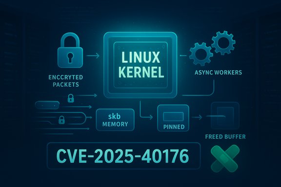 Infographic showing Linux kernel flow with encrypted packets, memory, pinned buffers, async workers, CVE-2025-40176.