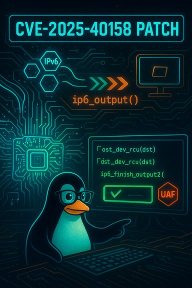 Glasses-wearing penguin patches CVE-2025-40158 on a neon cyber desk.