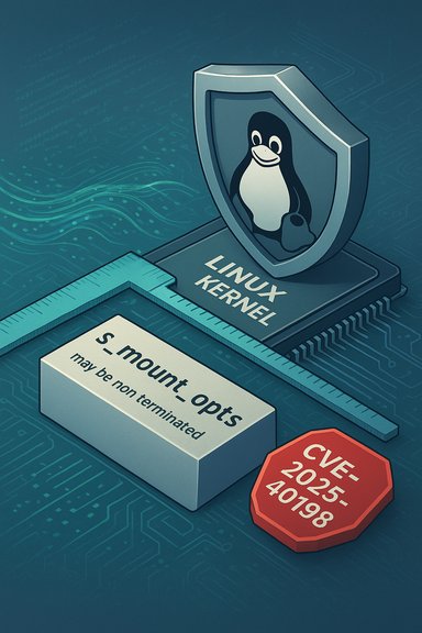 Linux kernel shield with Tux guarding CVE-2025-40198 (S_mount_opts may be non terminated).