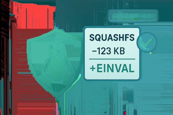 Security infographic: SquashFS -123 KB, +EINVAL; Linux penguin shield with a checkmark.