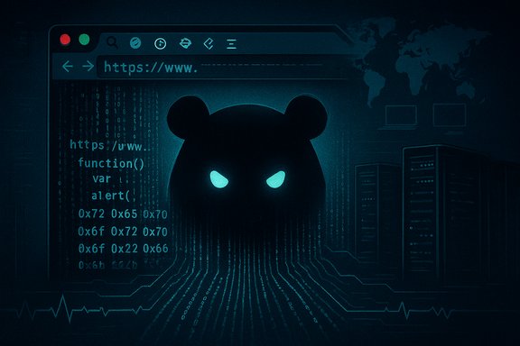Glowing-eyed bear silhouette emerging from code and servers inside a browser window.