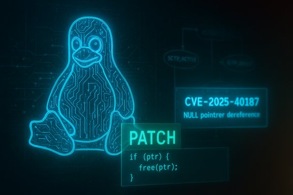 Neon blue penguin outline with circuitry, labeled PATCH for CVE-2025-40187 NULL pointer dereference.