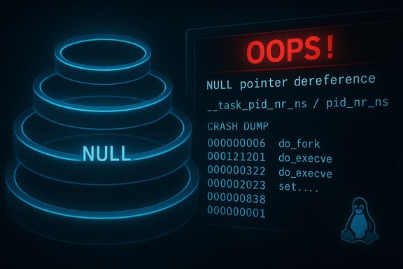 Blue neon data stack labeled NULL beside a crash-dump screen showing NULL pointer dereference on Linux.