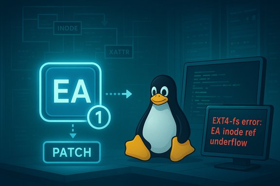 Linux penguin beside a neon EA-inode patch diagram with an EXT4-fs error: EA inode ref underflow.