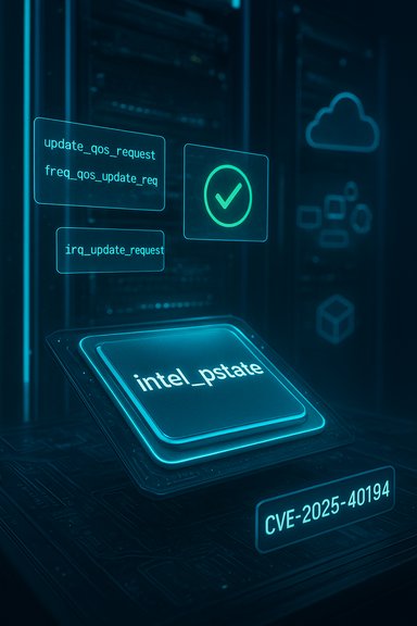 A neon server processor labeled intel_pstate with holographic status checks and a CVE-2025-40194 tag.