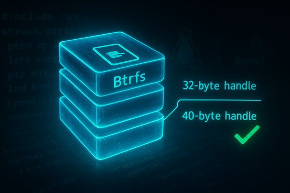 Neon 3D Btrfs stack comparing 32-byte vs 40-byte handles, with a green check.