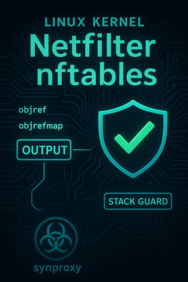 Linux kernel Netfilter nftables poster with shield, OUTPUT label and stack guard.