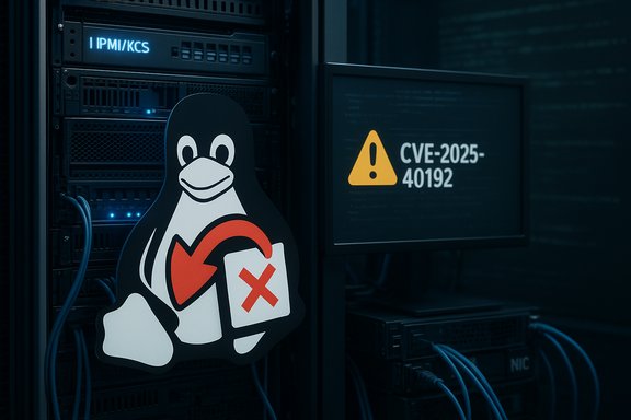 A large Linux penguin cutout hangs on server racks beside a monitor showing CVE-2025-40192 warning.