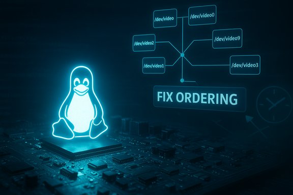 Glowing Linux penguin sits on a circuit board beside a FIX ORDERING video device diagram.