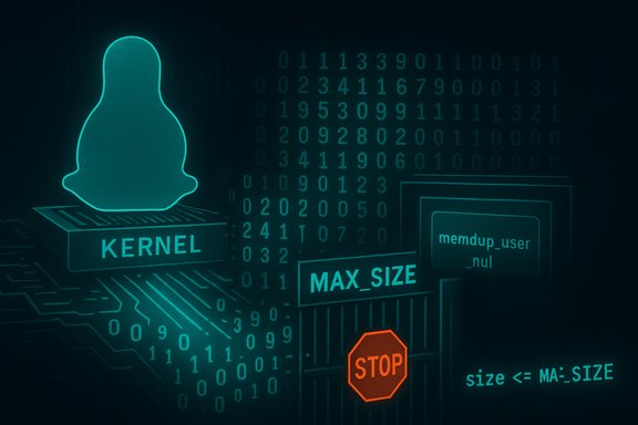 Neon teal Linux kernel memory-safety schematic with binary code and a STOP sign.
