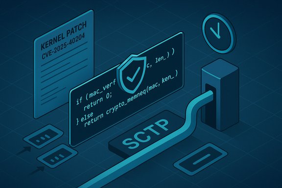 Isometric illustration of patching a kernel vulnerability (CVE-2025-40204) with a shield.