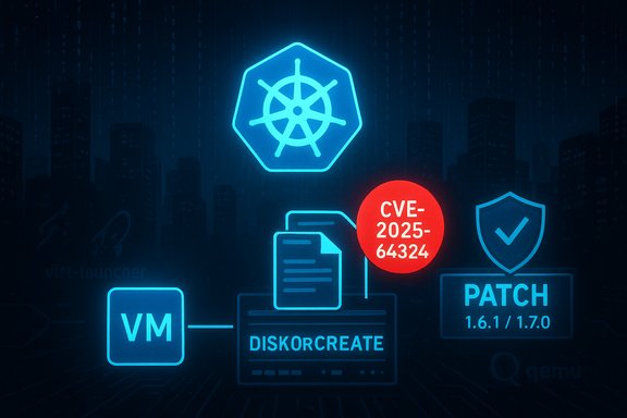 Neon cyber-security artwork featuring Kubernetes logo, VM, CVE-2025-64324 and patch shield. Neon cyber-security artwork featuring Kubernetes logo, VM, CVE-2025-64324 and patch shield.