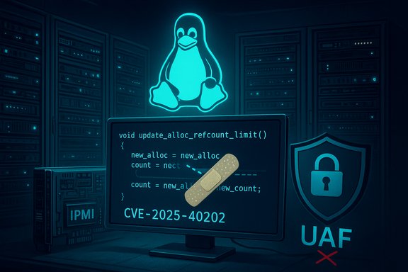 Neon Tux logo glows above a monitor showing code and the CVE-2025-40202 in a dark data center.