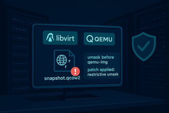A monitor displays a qcow2 snapshot warning with libvirt and QEMU logos.