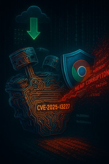 Futuristic cyber-security art showing a brain-shaped circuit, a Chrome shield, and CVE-2025-13227 heap corruption.
