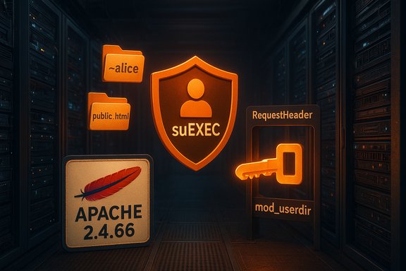 An orange-lit server room featuring a glowing suEXEC shield and Apache icons with a bright key.