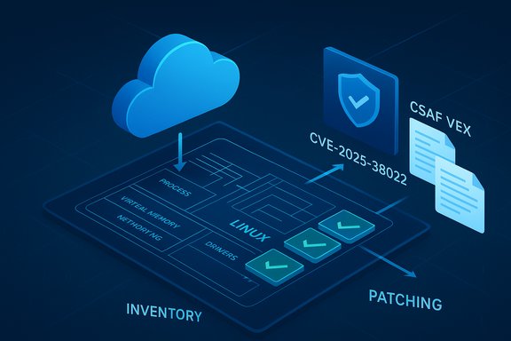 Blue isometric diagram of cloud patching for Linux, highlighting inventory and CVE-2025-38022.