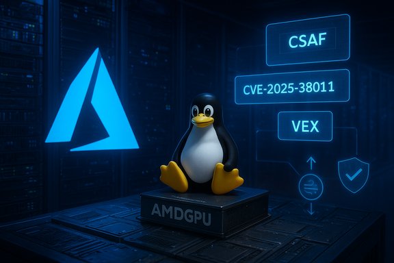 Tux the Linux penguin sits atop an AMDGPU box in a neon blue data center.