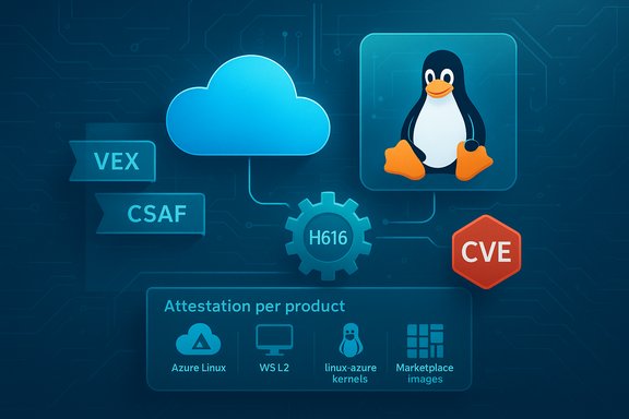 Cloud security diagram featuring Linux penguin, CVE/CSAF/VEX badges, and product attestation icons.