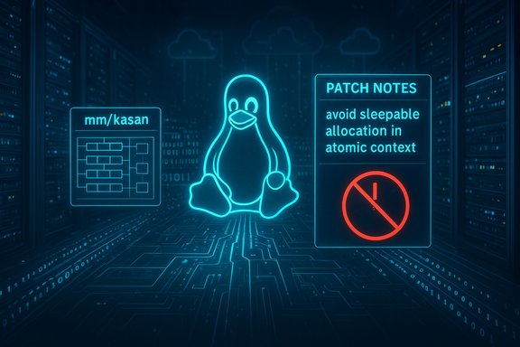 Neon Linux penguin in a server data center beside patch notes and a memory diagram.