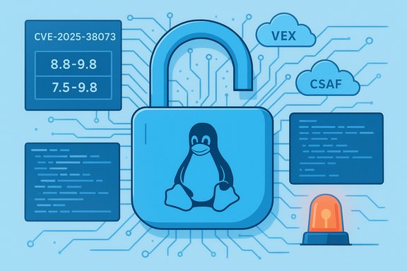 Blue cybersecurity illustration featuring a Linux padlock, circuits, and cloud labels VEX and CSAF.