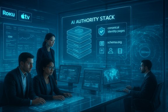 A team analyzes an AI authority stack on holographic screens in a glass-walled control room.