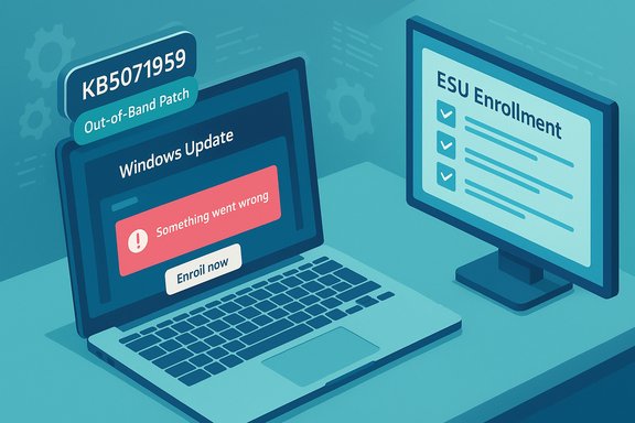 Illustration of a laptop showing a Windows Update error and an ESU enrollment screen.
