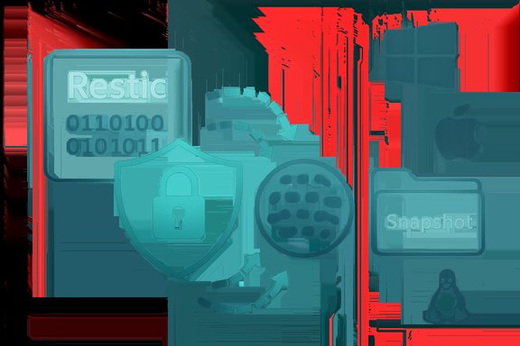 Teal illustration of Restic backup icons, featuring a shield, snapshot folder, and OS logos. Teal illustration of Restic backup icons, featuring a shield, snapshot folder, and OS logos.