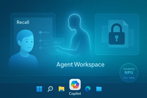 A futuristic blue UI showing an 'Agent Workspace' with avatar, recall panel, and Copilot bar.